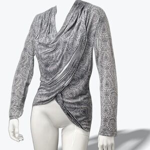 ERGE Draped Asymmetrical Top Womens Large Grey Damask Print Cowl‎ Neck Tulip Hem